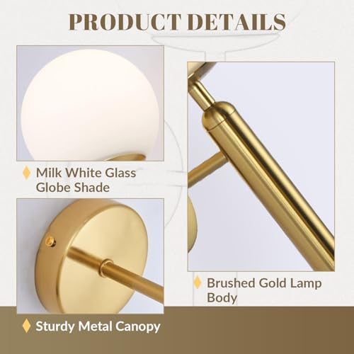 KCO Brushed Brass Gold Wall Sconce Frosted White Glass Globe Wall Light - Image 4