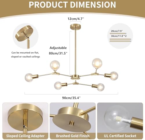 KCO 6-Light Brass Gold Sputnik Ceiling Light Fixture Without Glass Shade - Image 3