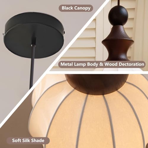 KCO Lighting White Fabric Lantern Pendant Light Japanese Silk Ceiling Light Farmhouse Black Pendant Kitchen Light Small Round Hanging Light Fixture Modern Dining Room Chandelier - Image 4
