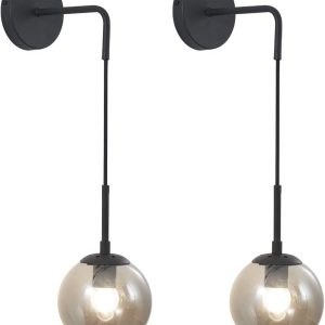 KCO 2 Pack Mid Century Modern Black Smoke Glass Globe Hanging Wall Sconces