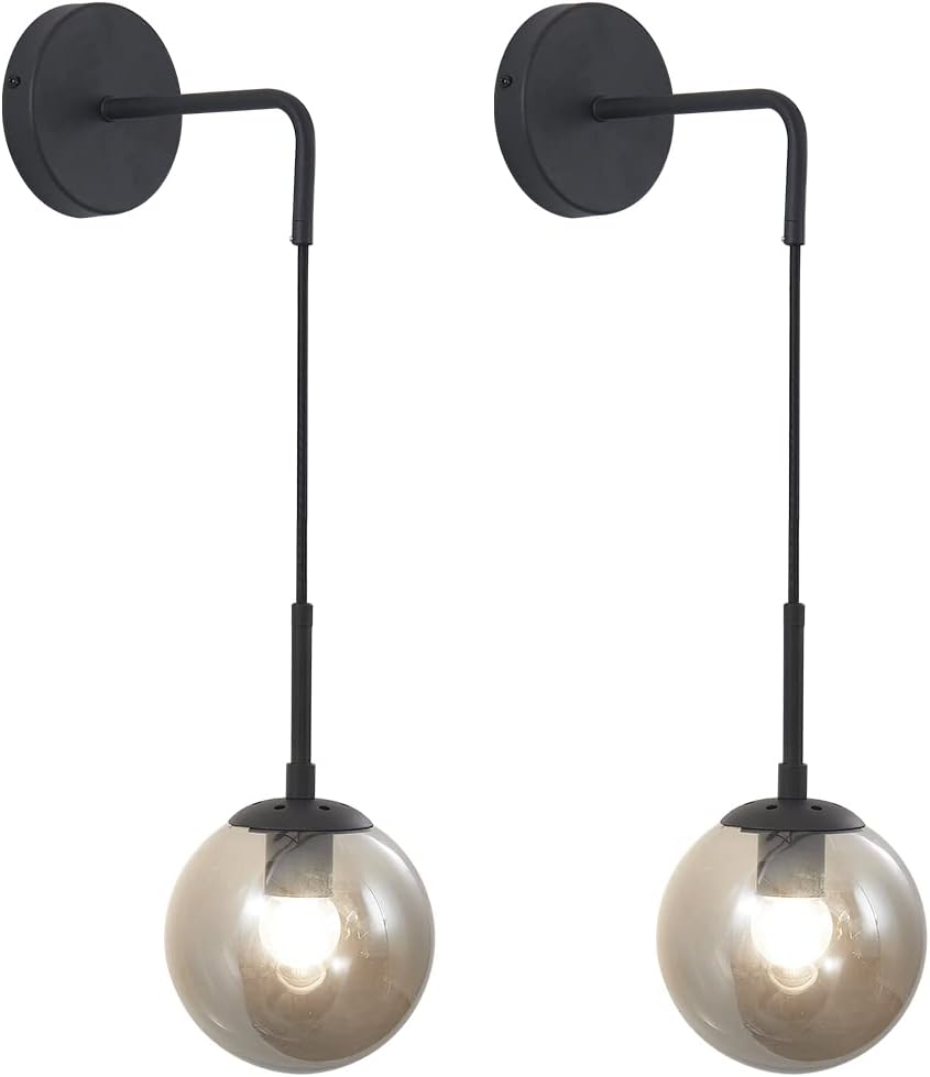 KCO 2 Pack Mid Century Modern Black Smoke Glass Globe Hanging Wall Sconces