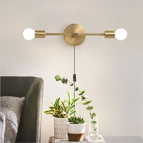 KCO Lighting Gold Plug in Wall Sconce 2 Light Bathroom Vanity Light Plug in Brass Wall Reading Light Mid Century Modern Bathroom Wall Scones for Hallway Living Room Dining Room - Image 6