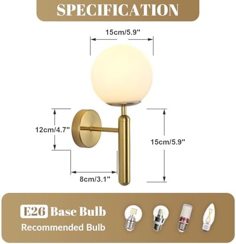 KCO Brushed Brass Gold Wall Sconce Frosted White Glass Globe Wall Light - Image 3