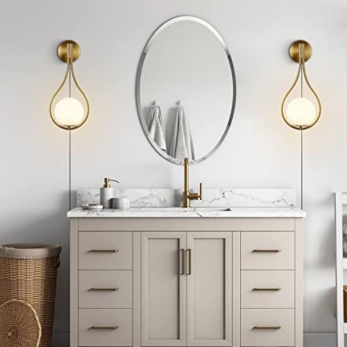 Modo Lighting Glass Ball Wall Sconce Plug in Mid Century Modern Drop Design Wall Light Brushed Brass Gold Wall Lamps for Bedside Living Room (with Plug in 2 Pack) - Image 4