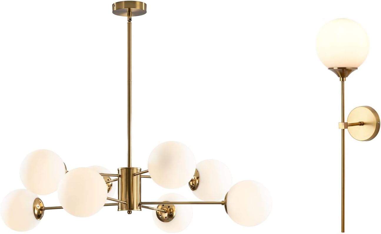 KCO Lighting 8-Light Sputnik Chandelier Frosted Glass Globe Wall Sconce Long Arm for Living Room, Stairs, Bathroom Mirror