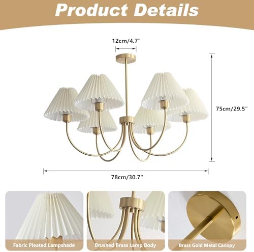 KCO Lighting 6-Lights Pleated Chandelier White Fabric Pendant Light Fixtures Gold Flush Mount Ceiling Light Clear Glass Semi Sluh Mount Ceiling Light Fixtures - Image 3