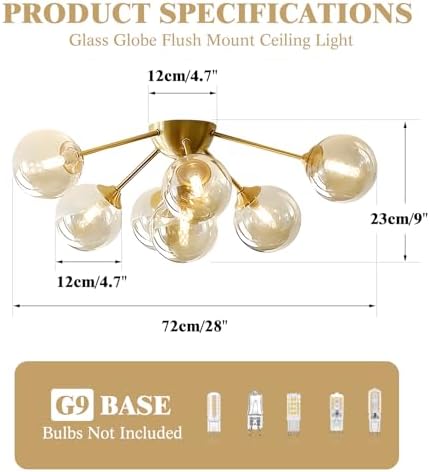 KCO Lighting 7-Lights Mid Century Modern Flush Mount Ceiling Light Overhead Amber Glass Globe Sputnik Chandelier Ceiling Light Fixture Brass Gold Bedroom Living Room Ceiling Lighting - Image 3