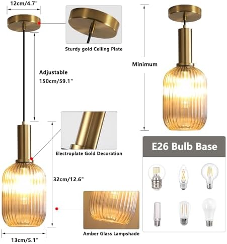KCO Lighting 1-Light Amber Glass Ceiling Light Fixture Vintage Striped Glass Pendant Light 7-Lights Mid Century Modern Flush Mount Ceiling Light Amber Glass Globe Sputnik Chandelier Ceiling Light - Image 3