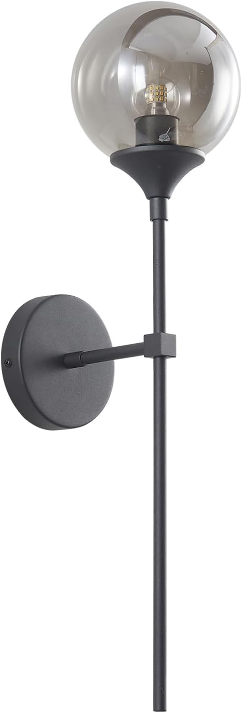 KCO Mid Century Modern Matte Black Smoke Gray Glass Globe Wall Sconce