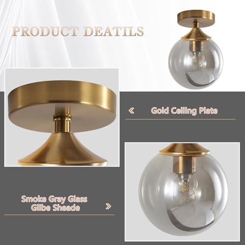 KCO Lighting Smoke Gray Glass Pendant Light Mid Century Modern Globe Chandelier Island Light for Kitchen Gold Flush Mount Ceiling Light Small Antique Brass Ceiling Fixtures Semi Flush Mount Schoolhou - Image 6