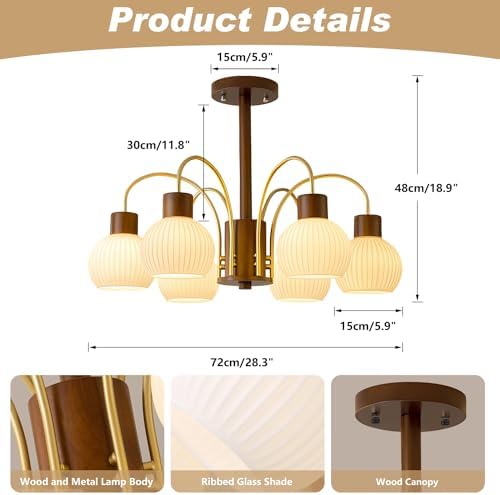 KCO Lighting Milk Glass Chandelier Pendant Light Ribbed Glass Ceiling Light Mid Century Plug in Hanging Light Farmhouse Rustic Walnut Wood Chandelier Modern Gold Chandelier Sputnik Ceiling Light - Image 4