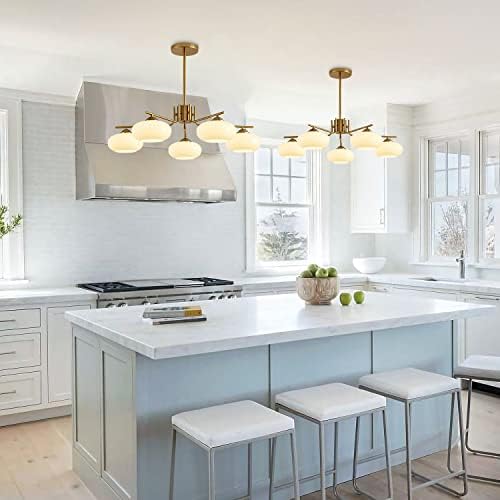 KCO Lighting Mid Century Modern Chandelier Brushed Brass Chandelier 5 Lights Milk Glass Pendant Light Gold Flush Mount Ceiling Light Hallyway Entryway Ceiling Light - Image 5