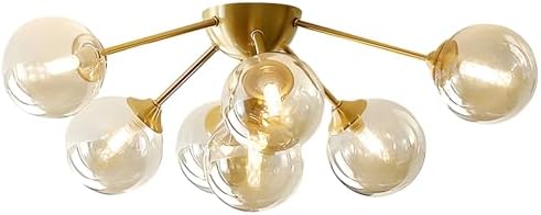 KCO Lighting 7-Lights Mid Century Modern Flush Mount Ceiling Light Overhead Amber Glass Globe Sputnik Chandelier Ceiling Light Fixture Brass Gold Bedroom Living Room Ceiling Lighting - Image 2