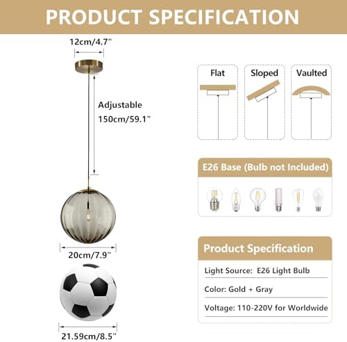 KCO Lighting Single Gold 7.9” Smoke Gray Ribbed Glass Globe Pendant Light - Image 3