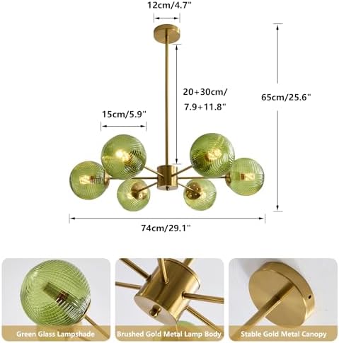 KCO Lighting 6-Light Green Glass Ceiling Pendant Light Modern Globe Semi Flush Mount Ceiling Chandelier Vintage Brass Gold Sputnik Chandelier Lighting for Kitchen Living Room Dining Room - Image 3