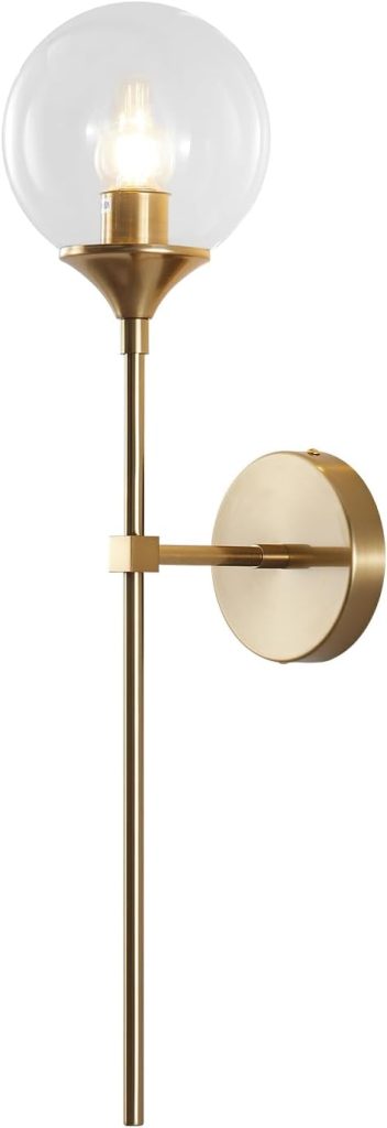 KCO Mid Century Modern Brushed Brass Gold Clear Glass Globe Wall Sconce
