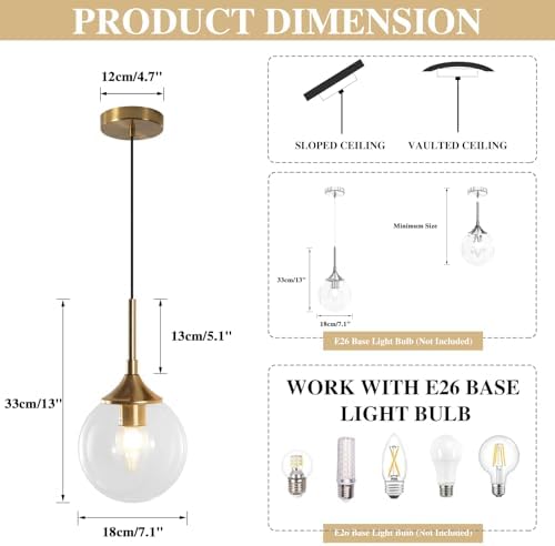 KCO Lighting Clear Globe Pendant Lights Kitchen Island Bubble Glass Pendant Lighting Gold Hanging Light Fixture Mid Century Modern Green Chandelier Ribbed Flush Mount Light - Image 3