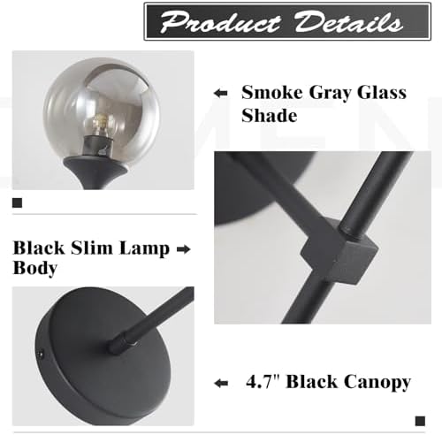 KCO Mid Century Modern Matte Black Smoke Gray Glass Globe Wall Sconce - Image 4