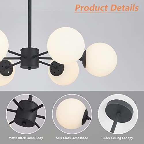 KCO Lighting Matter Black Wall Sconce Set of 2 Mid Century Modern Wall Sconce Lighting 6 Light Sputnik Chandelier Milk Glass Chandelier White Globe Chandelier Flush Mount Chandelier for Dining Room - Image 6