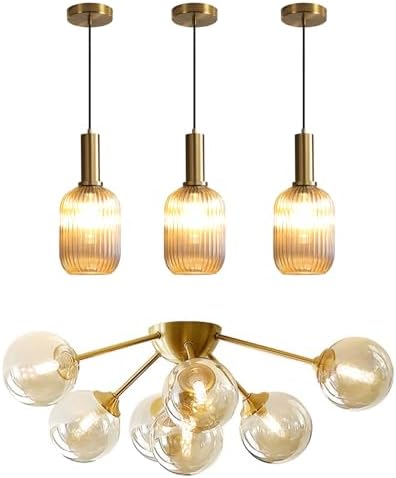 KCO Lighting 1-Light Amber Glass Ceiling Light Fixture Vintage Striped Glass Pendant Light 7-Lights Mid Century Modern Flush Mount Ceiling Light Amber Glass Globe Sputnik Chandelier Ceiling Light - Image 2