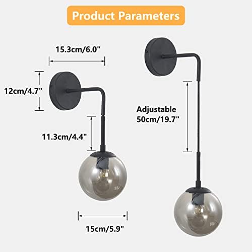 KCO 2 Pack Mid Century Modern Black Smoke Glass Globe Hanging Wall Sconces - Image 3