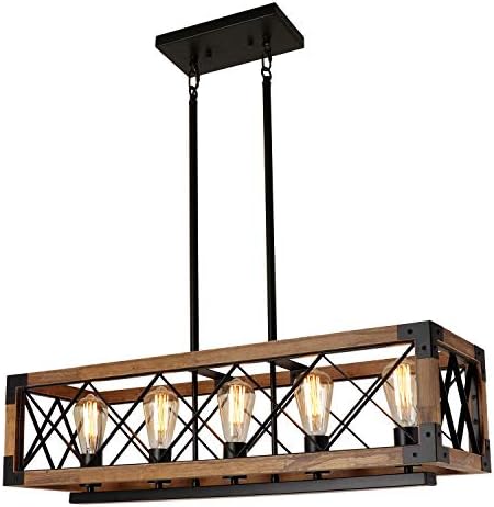 Giluta Rectangle Wood Chandelier Farmhouse Style Dining Room Kitchen Lighting Fixtures, 5 Lights Ceiling Hanging Pendant Lighting UL Listed - Image 2