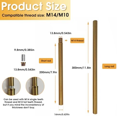 KCO Lighting M14 Threaded Extension Rod 7.89“ and 11.8" Brass Gold Extension Rods Lighting Fixture Downrods Stems Chandelier Extension Rods - Image 3