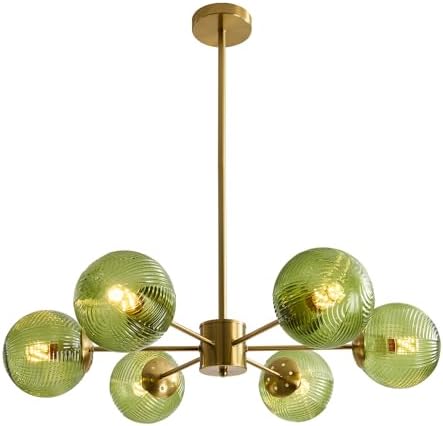 KCO Lighting 6-Light Green Glass Ceiling Pendant Light Modern Globe Semi Flush Mount Ceiling Chandelier Vintage Brass Gold Sputnik Chandelier Lighting for Kitchen Living Room Dining Room - Image 2