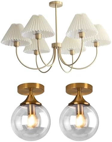 KCO Lighting 6-Lights Pleated Chandelier White Fabric Pendant Light Fixtures Gold Flush Mount Ceiling Light Clear Glass Semi Sluh Mount Ceiling Light Fixtures - Image 2