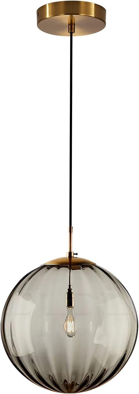 KCO Lighting Single Gold 7.9” Smoke Gray Ribbed Glass Globe Pendant Light