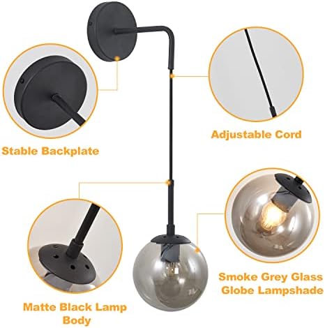 KCO 2 Pack Mid Century Modern Black Smoke Glass Globe Hanging Wall Sconces - Image 4