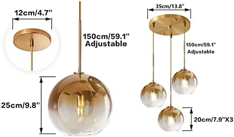 KCO Lighting Gold Gradient Glass Globe Pendant Ceiling Lighting with Adjustable Cord Mid Century Hanging Chandelier Light Fixture for Kitchen Island Bedroom… - Image 3