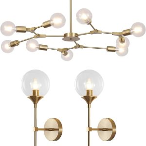 KCO Mid Century Modern 9-Lights Sputnik Chandelier Brused Gold Flush Mount Ceiling Light Fixture Modern Long Globe Wall Sconce Gold Clear Glass Wall Light Vanity Bathroom Wall Lamp