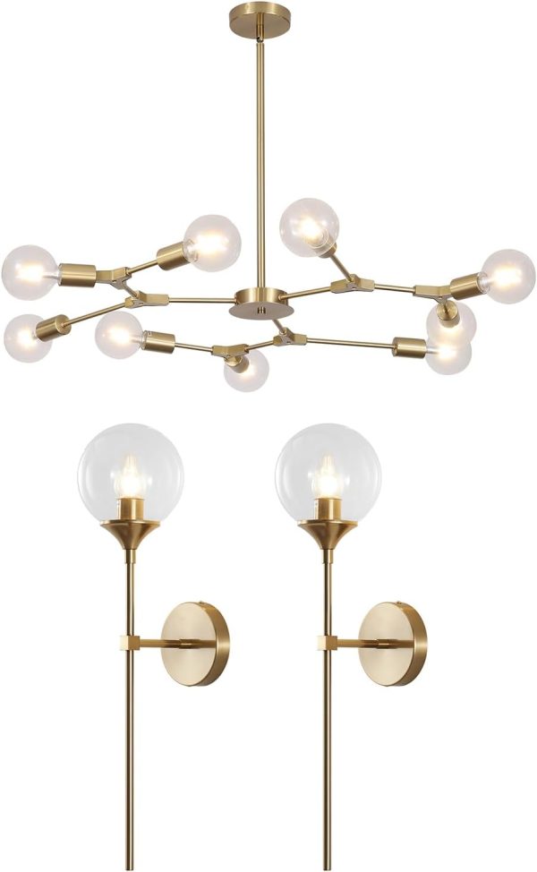 KCO Mid Century Modern 9-Lights Sputnik Chandelier Brused Gold Flush Mount Ceiling Light Fixture Modern Long Globe Wall Sconce Gold Clear Glass Wall Light Vanity Bathroom Wall Lamp