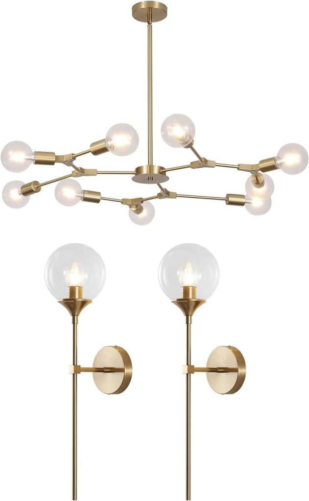 KCO Mid Century Modern 9-Lights Sputnik Chandelier Brused Gold Flush Mount Ceiling Light Fixture Modern Long Globe Wall Sconce Gold Clear Glass Wall Light Vanity Bathroom Wall Lamp