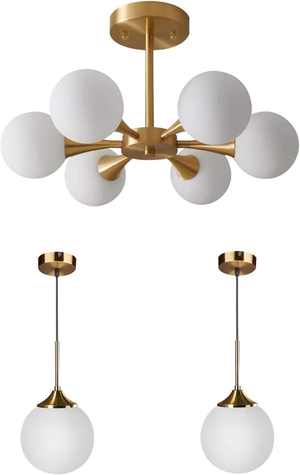KCO Lighting 6-Light Glass Globe Semi Flush Mount Chandelier Glass Globe Pendant Light Fixture for Kitchen Island Living Room