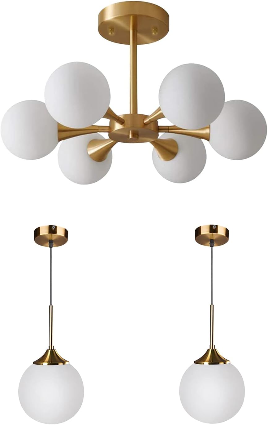 KCO Lighting 6-Light Glass Globe Semi Flush Mount Chandelier Glass Globe Pendant Light Fixture for Kitchen Island Living Room