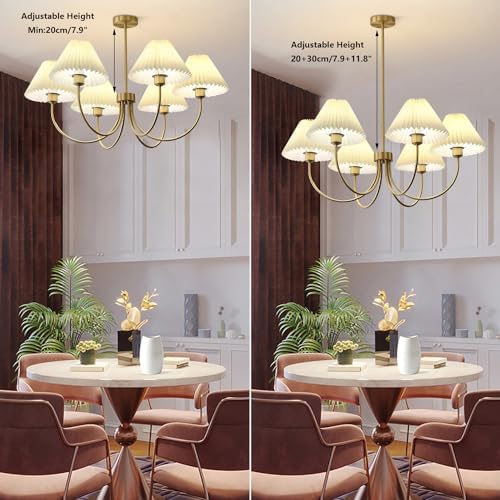 KCO Lighting 6-Lights Pleated Chandelier White Fabric Pendant Light Fixtures Gold Flush Mount Ceiling Light Clear Glass Semi Sluh Mount Ceiling Light Fixtures - Image 5