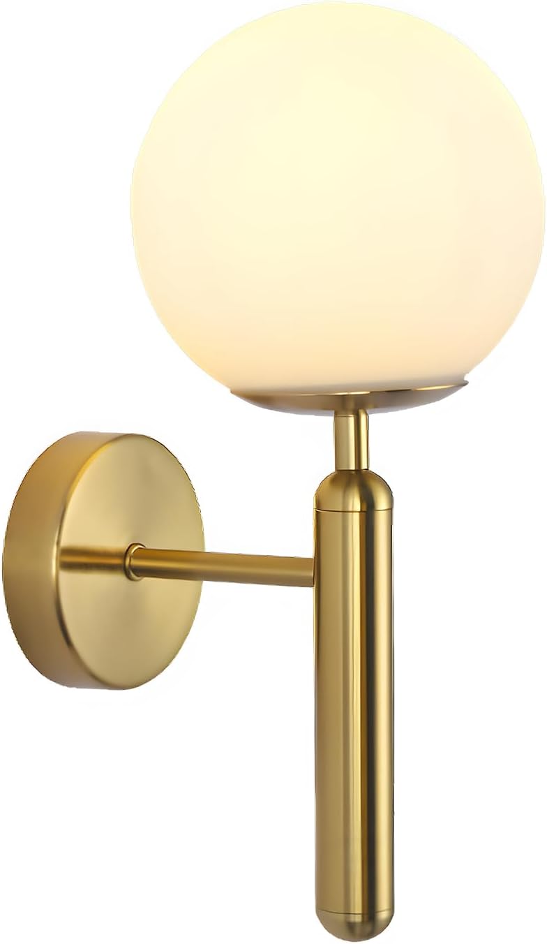 KCO Brushed Brass Gold Wall Sconce Frosted White Glass Globe Wall Light
