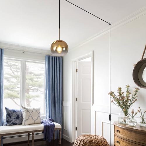 KCO Lighting Mid Century Modern Plug in Pendant Light Gold Glass Globe Pendant Lighting with Adjustable Cord Large Hanging Light Fixture with Plug in Cord for Kitchen Island Dining Room (25cm) - Image 6