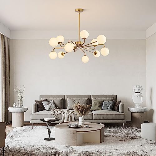 KCO Lighting 12 Light Modern Sputnik Chandelier Glass Globe Pendant Light Fixture Geometric Brushed Brass Chandelier for Kitchen Island Living Room Foyer - Image 4