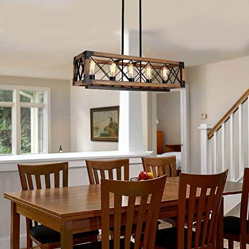 Giluta Rectangle Wood Chandelier Farmhouse Style Dining Room Kitchen Lighting Fixtures, 5 Lights Ceiling Hanging Pendant Lighting UL Listed - Image 3
