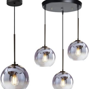 KCO Lighting Silver Gradient Glass Globe Pendant Ceiling Lighting with Adjustable Cord Mid Century Hanging Chandelier Light Fixture for Kitchen Island Bedroom