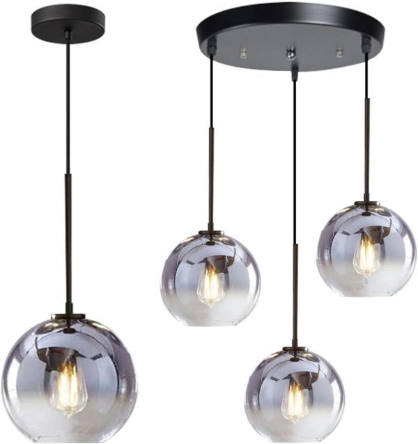 KCO Lighting Silver Gradient Glass Globe Pendant Ceiling Lighting with Adjustable Cord Mid Century Hanging Chandelier Light Fixture for Kitchen Island Bedroom