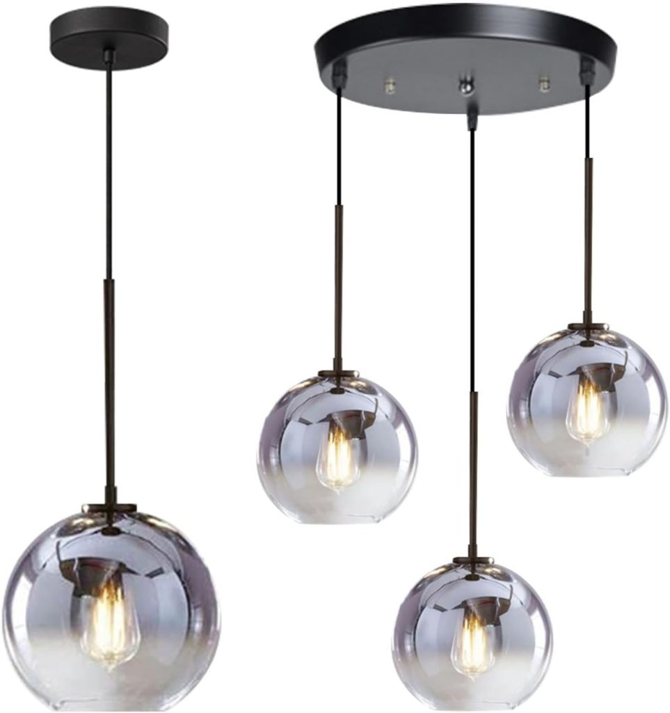 KCO Lighting Silver Gradient Glass Globe Pendant Ceiling Lighting with Adjustable Cord Mid Century Hanging Chandelier Light Fixture for Kitchen Island Bedroom