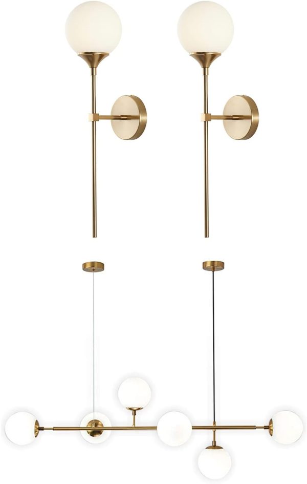 KCO Lighting White Glass Wall Sonce Gold Globe Wall Mounted Light Long Slim Wall Lamp Modern 6-Light Glass Globe Pendant Light Mid Century Sputnik Chandelier Kitchen Island Lighting