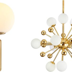 KCO Lighting Modern Globe Wall Sconce Brushed Brass Wall Light Mid Century Industrial Gold Wall Lamp Modern Gold Sputnik Chandelier Lighting Fixture Frosted White Glass Globe Chandelier Pendant Light
