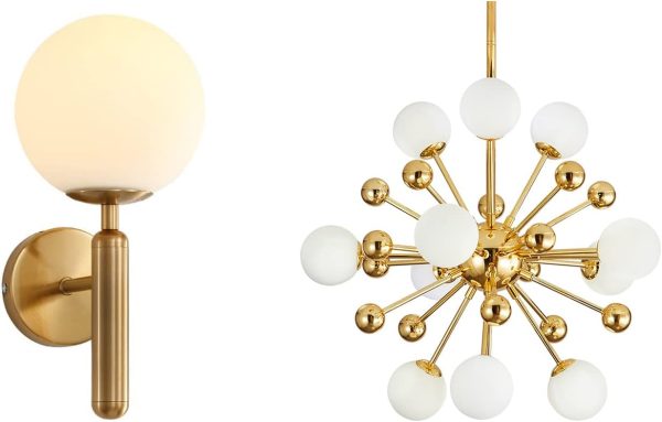 KCO Lighting Modern Globe Wall Sconce Brushed Brass Wall Light Mid Century Industrial Gold Wall Lamp Modern Gold Sputnik Chandelier Lighting Fixture Frosted White Glass Globe Chandelier Pendant Light