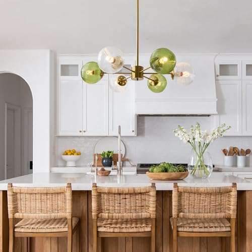 KCO Lighting Clear Globe Pendant Lights Kitchen Island Bubble Glass Pendant Lighting Gold Hanging Light Fixture Mid Century Modern Green Chandelier Ribbed Flush Mount Light - Image 6