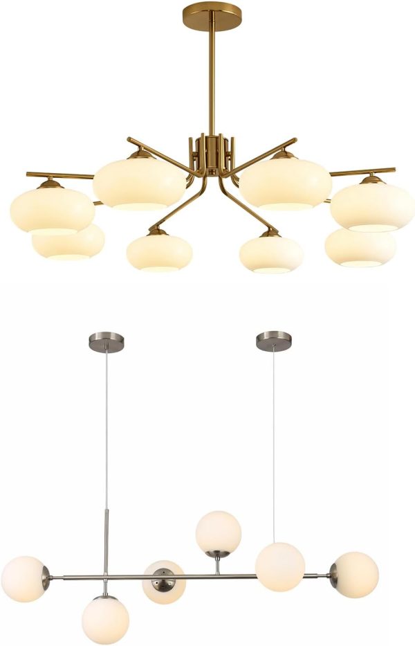 KCO Lighting 8-Lights White Glass Globe Sputnik Chandelier Mid Century Modern Gold Chandelier Mid-Century Glass Globes Sputnik Pendant Lamp Brushed Nickel Dining Room Pendant Light Fixture Over Table